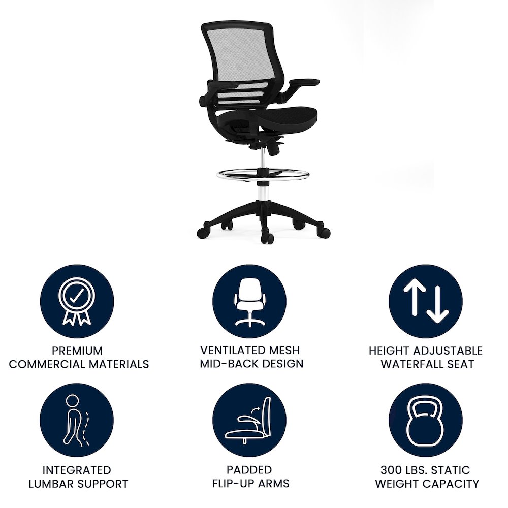 Mid-Back Transparent Black Mesh Drafting Chair with Black Frame and Flip-Up Arms. Picture 4