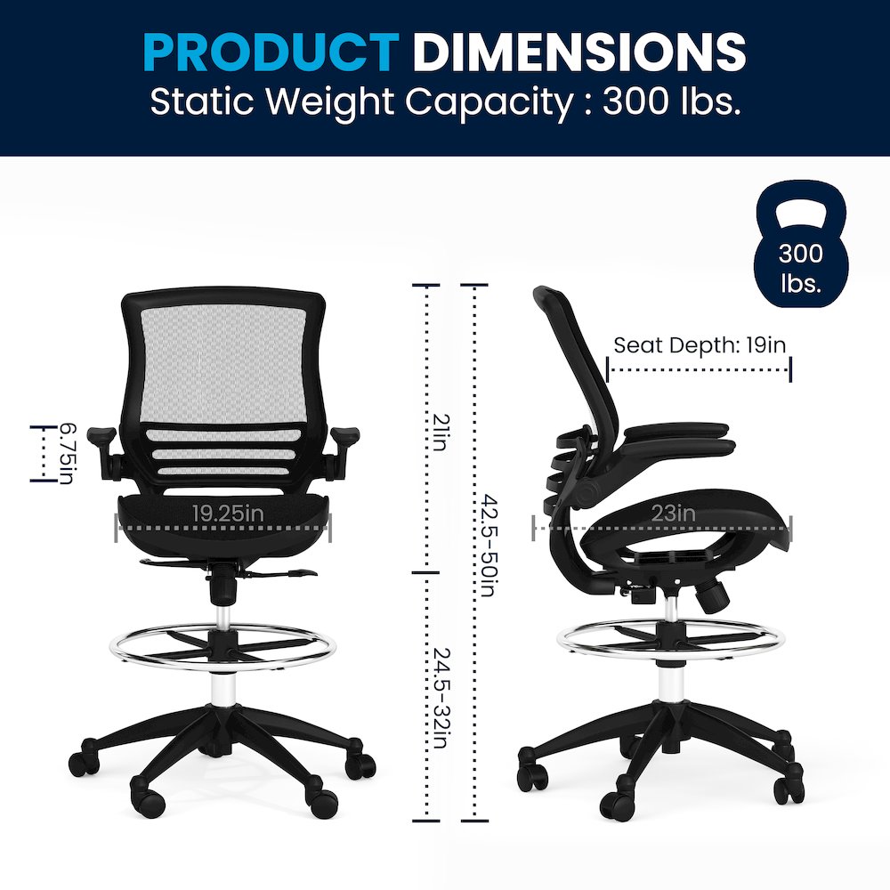 Mid-Back Transparent Black Mesh Drafting Chair with Black Frame and Flip-Up Arms. Picture 8