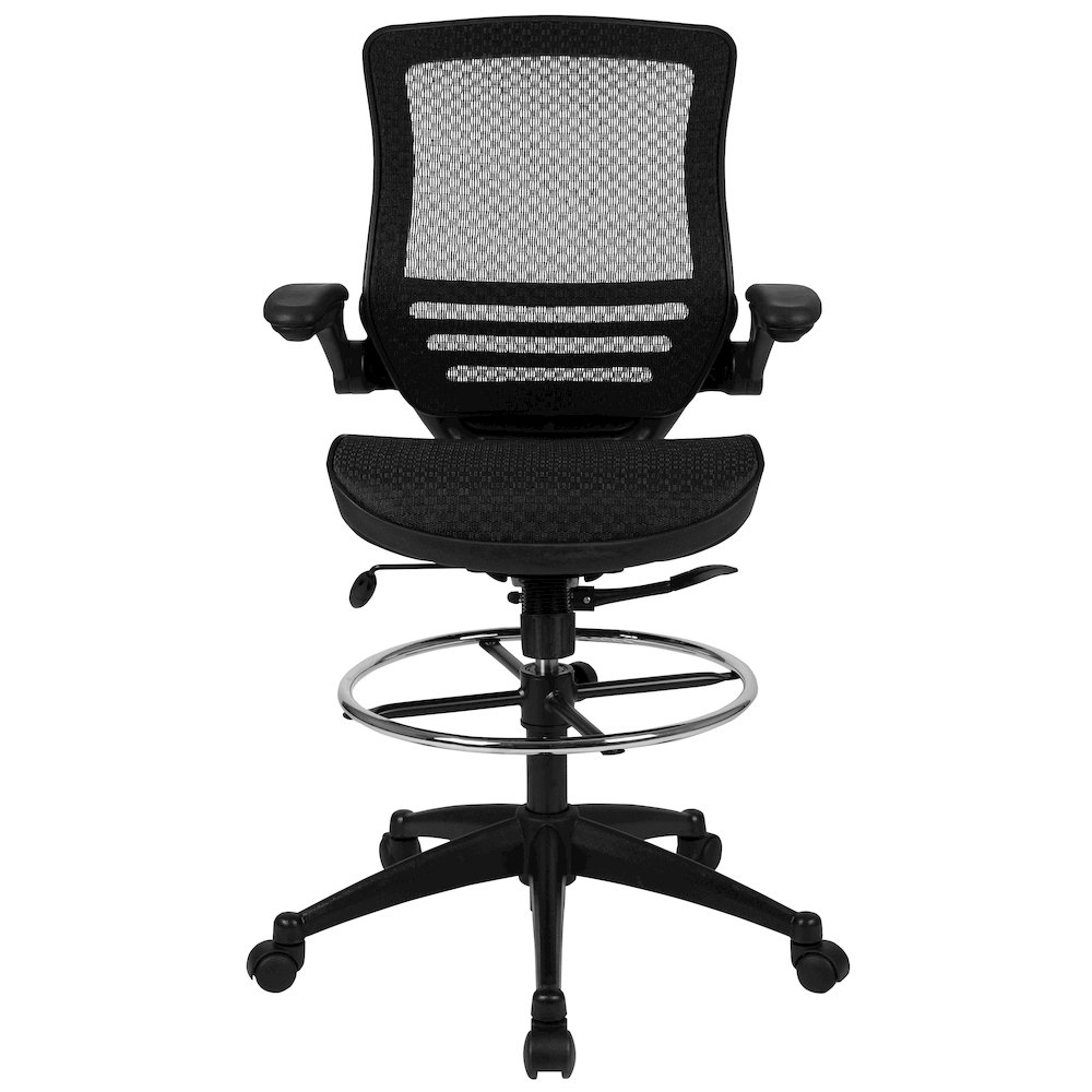 Mid-Back Transparent Black Mesh Drafting Chair with Black Frame and Flip-Up Arms. Picture 15