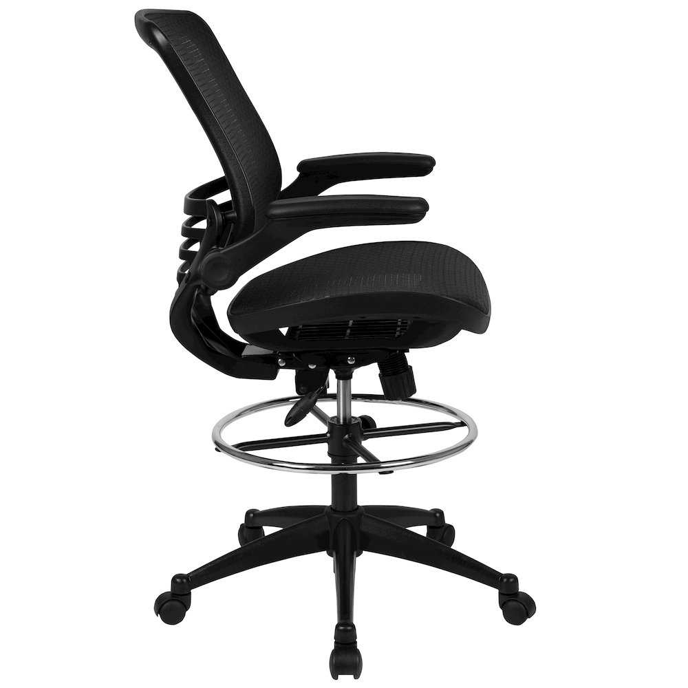 Mid-Back Transparent Black Mesh Drafting Chair with Black Frame and Flip-Up Arms. Picture 14