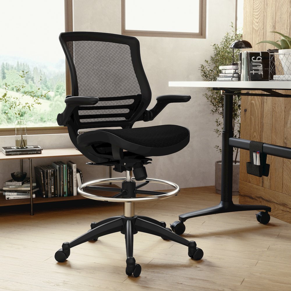Mid-Back Transparent Black Mesh Drafting Chair with Black Frame and Flip-Up Arms. Picture 2