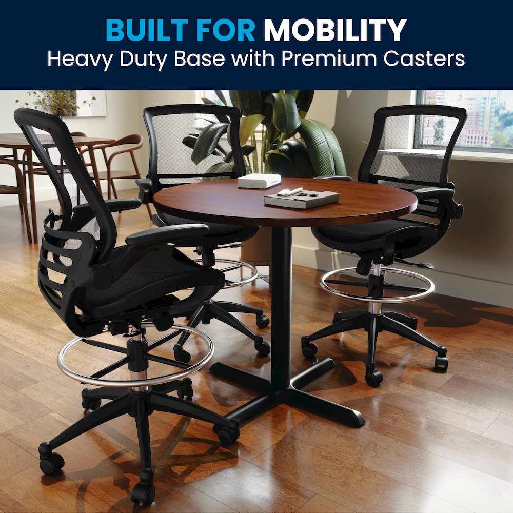Mid-Back Transparent Black Mesh Drafting Chair with Black Frame and Flip-Up Arms. Picture 9