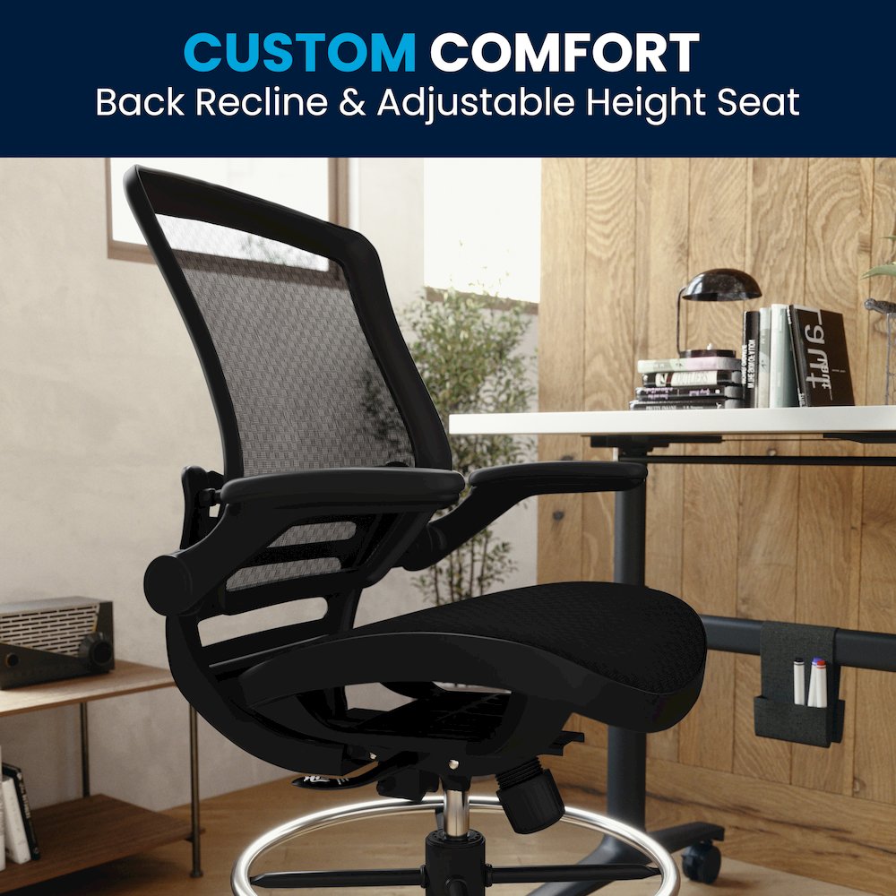Mid-Back Transparent Black Mesh Drafting Chair with Black Frame and Flip-Up Arms. Picture 10