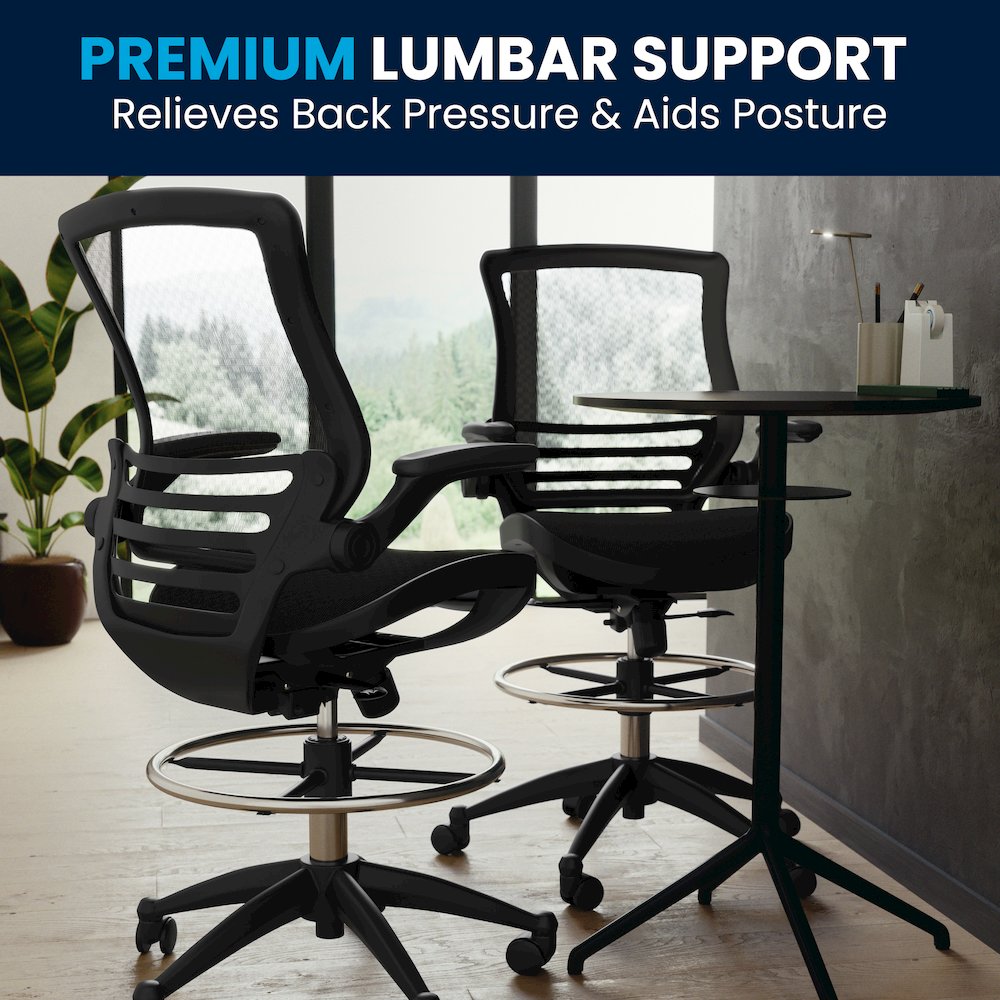 Mid-Back Transparent Black Mesh Drafting Chair with Black Frame and Flip-Up Arms. Picture 11