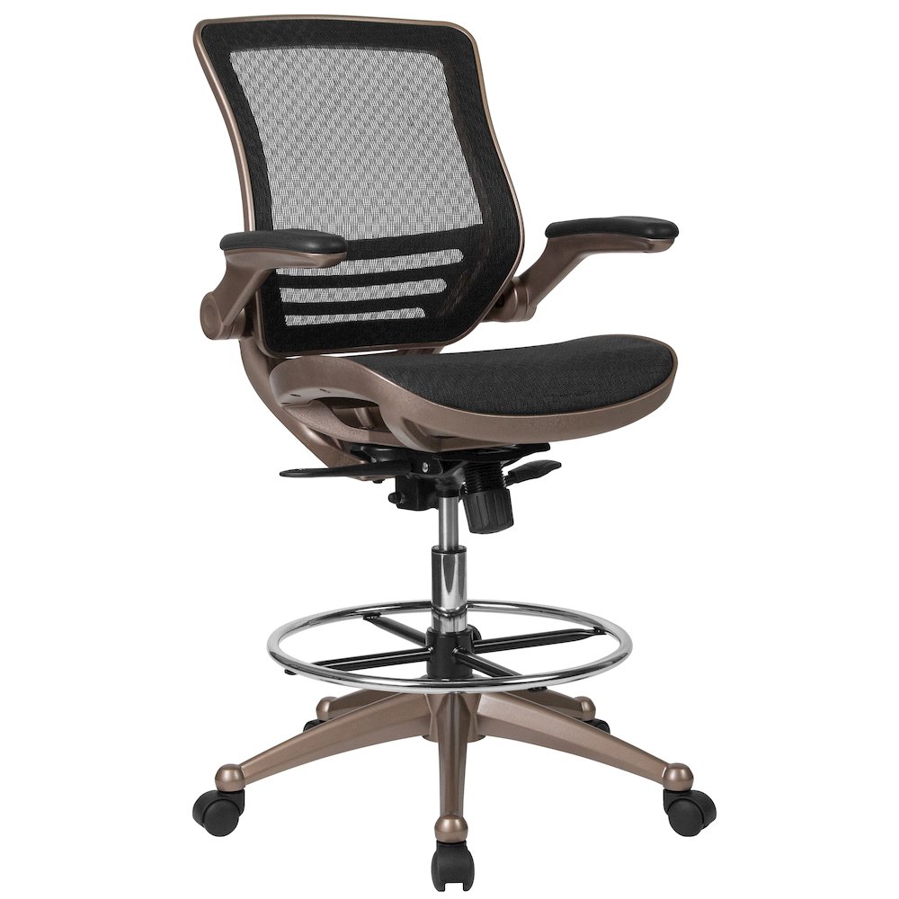 Mid-Back Black Mesh Drafting Chair with Melrose Gold Frame and Flip-Up Arms. Picture 1