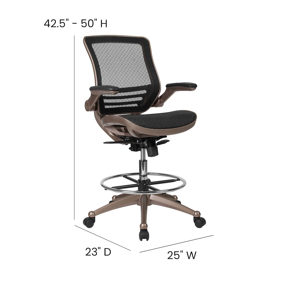 Mid-Back Black Mesh Drafting Chair with Melrose Gold Frame and Flip-Up Arms. Picture 6