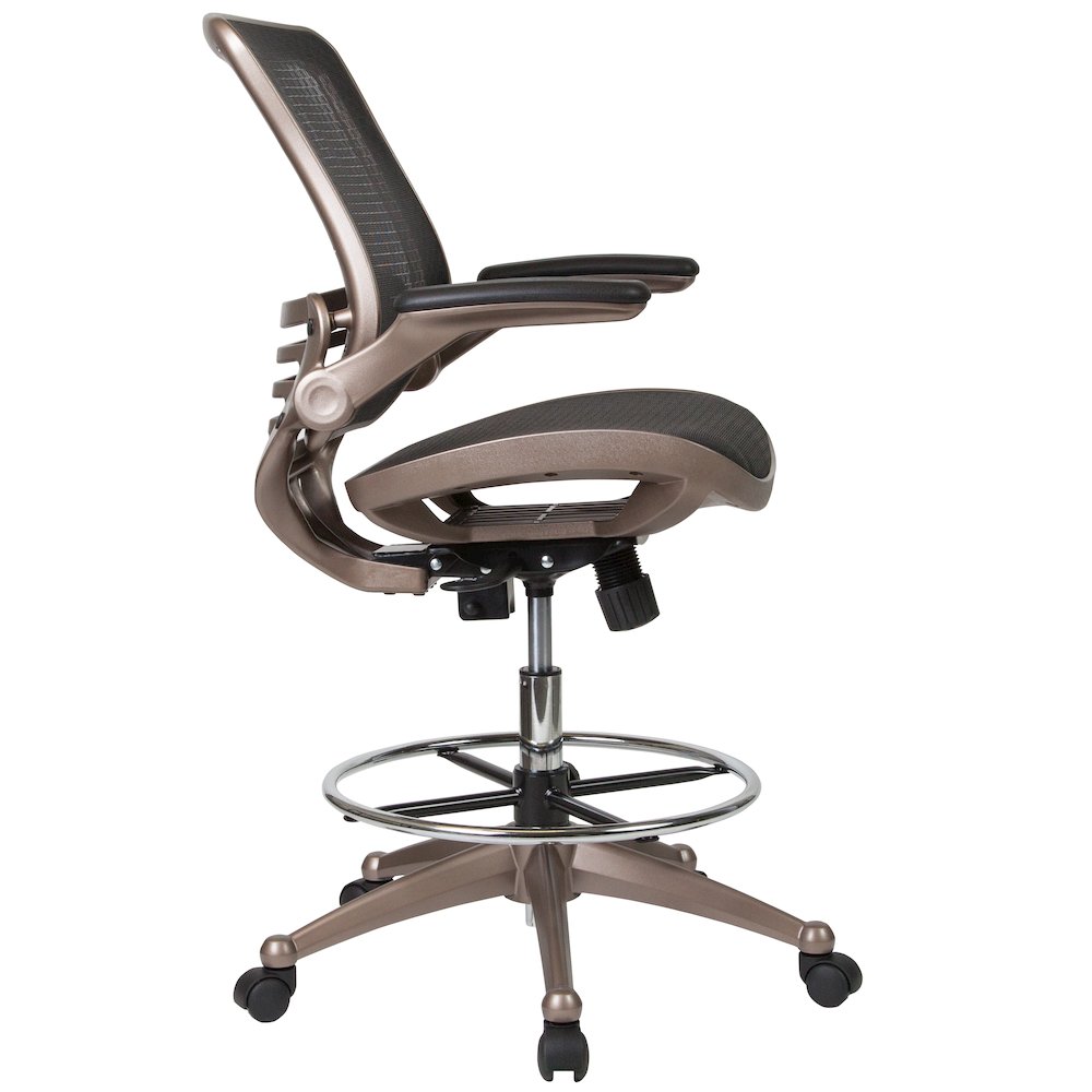Mid-Back Black Mesh Drafting Chair with Melrose Gold Frame and Flip-Up Arms. Picture 9