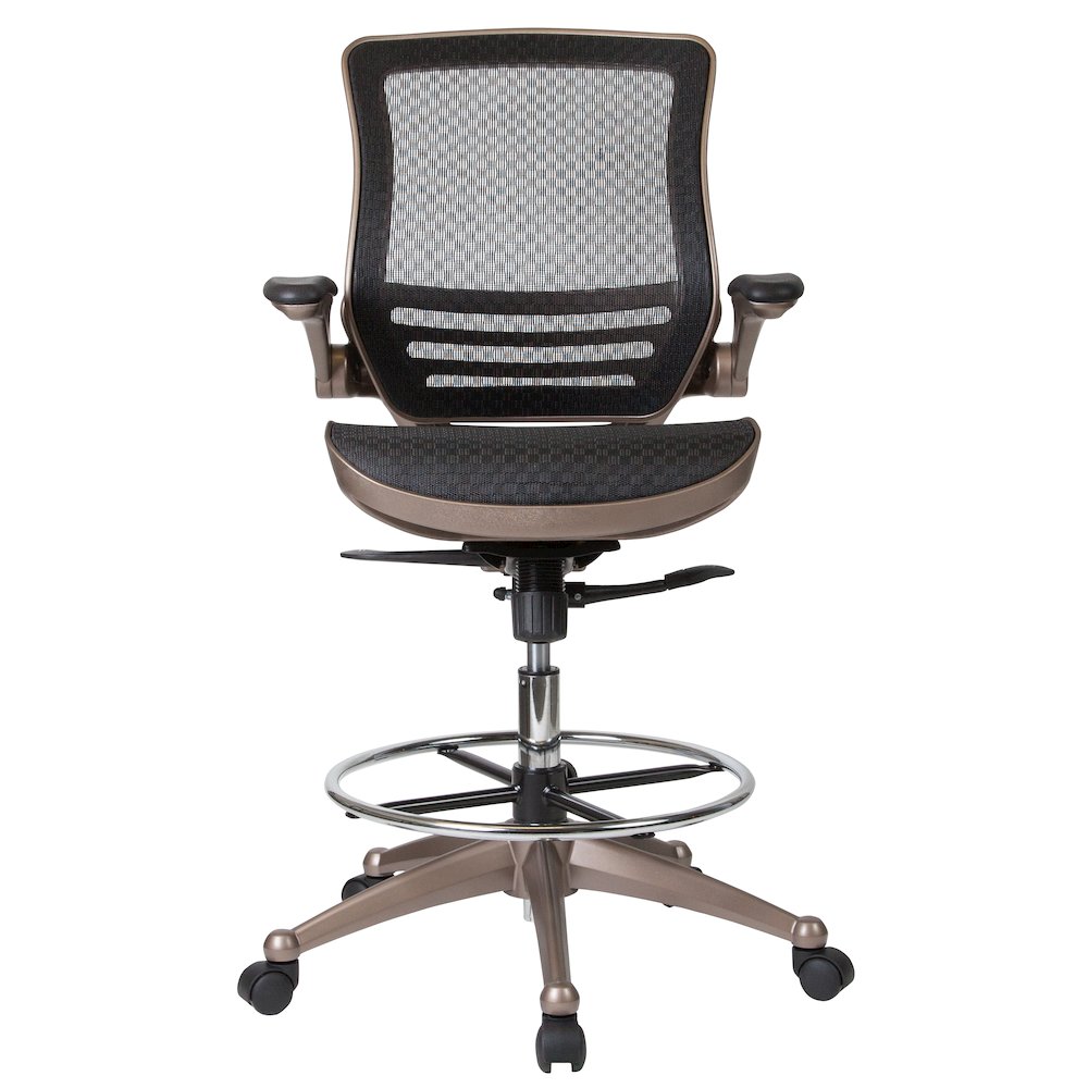 Mid-Back Black Mesh Drafting Chair with Melrose Gold Frame and Flip-Up Arms. Picture 10