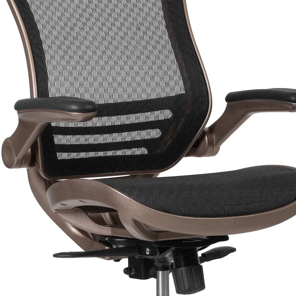 Mid-Back Black Mesh Drafting Chair with Melrose Gold Frame and Flip-Up Arms. Picture 11