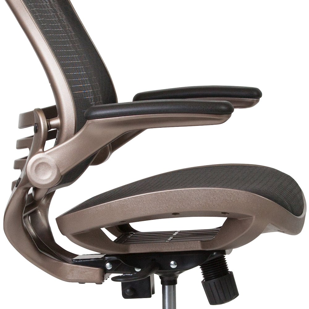 Mid-Back Black Mesh Drafting Chair with Melrose Gold Frame and Flip-Up Arms. Picture 8