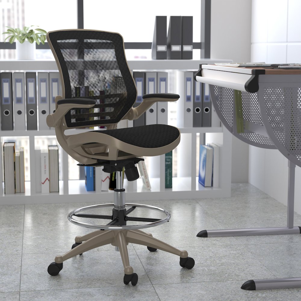 Mid-Back Black Mesh Drafting Chair with Melrose Gold Frame and Flip-Up Arms. Picture 2
