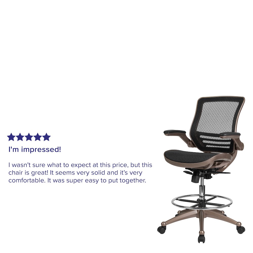 Mid-Back Black Mesh Drafting Chair with Melrose Gold Frame and Flip-Up Arms. Picture 4