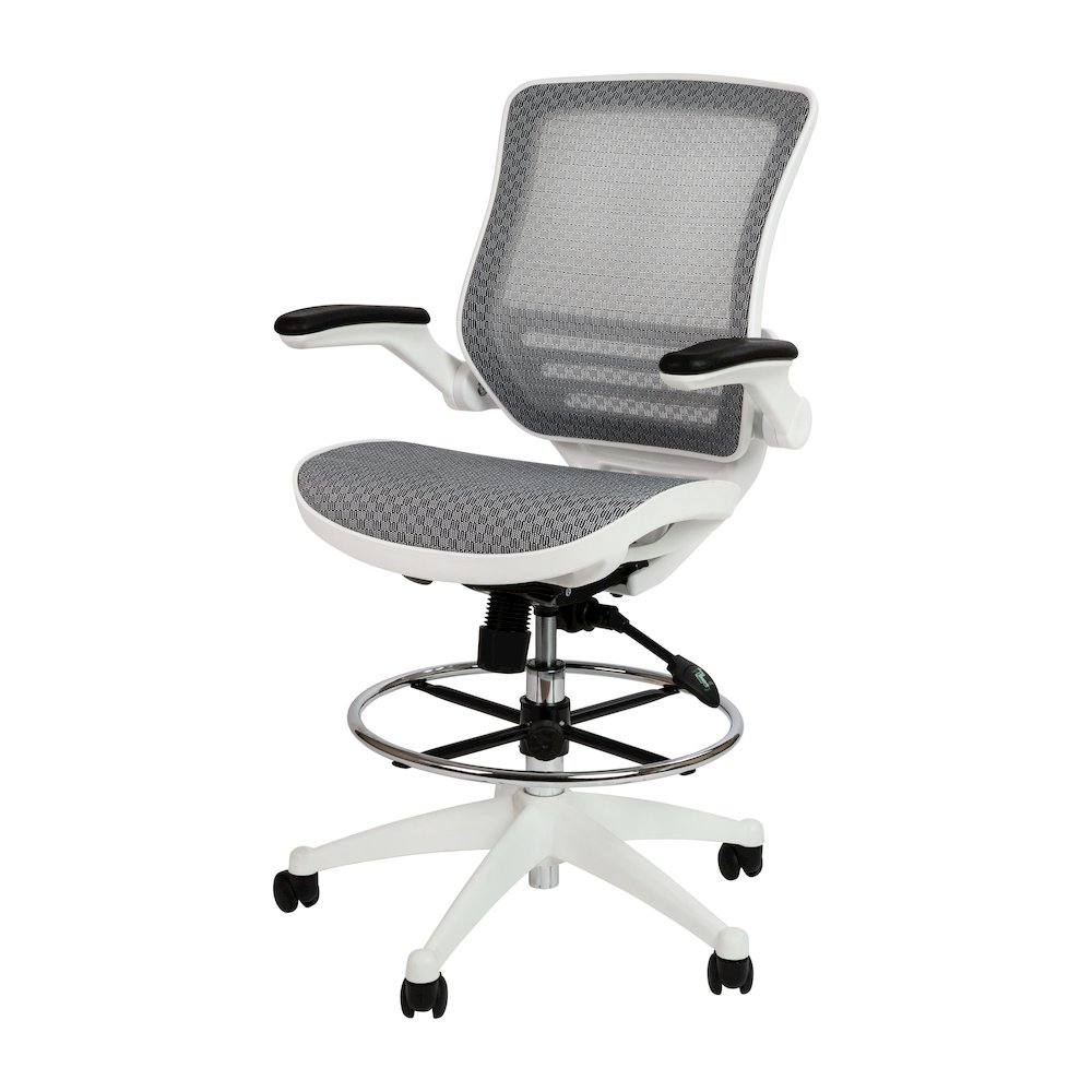 Mid-Back Transparent Gray Mesh Drafting Chair with White Frame and Flip-Up Arms. Picture 1