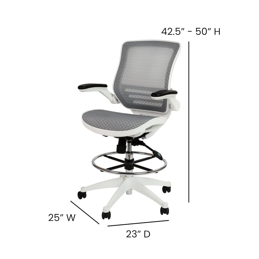 Mid-Back Transparent Gray Mesh Drafting Chair with White Frame and Flip-Up Arms. Picture 6