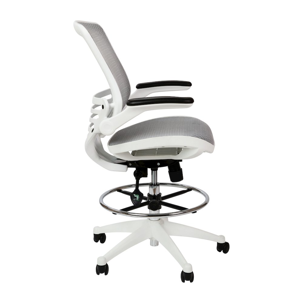 Mid-Back Transparent Gray Mesh Drafting Chair with White Frame and Flip-Up Arms. Picture 9