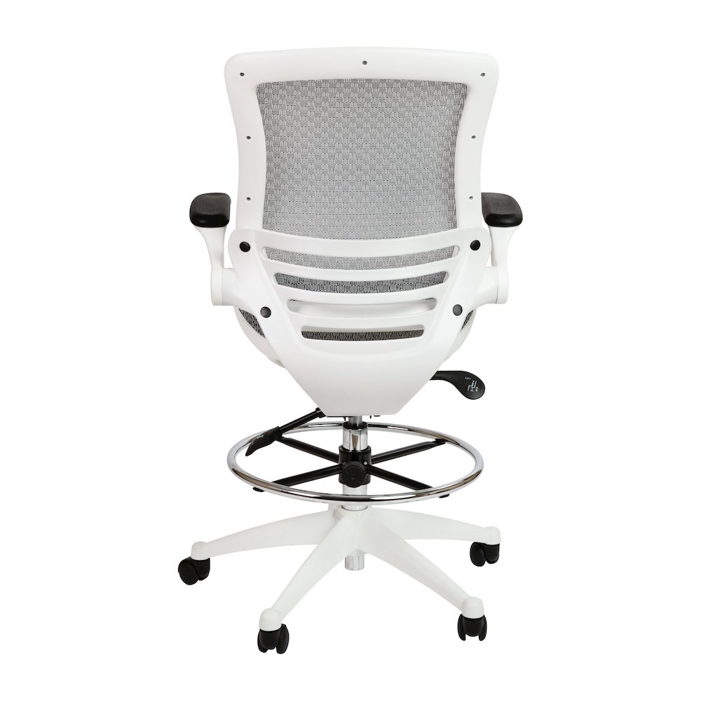 Mid-Back Transparent Gray Mesh Drafting Chair with White Frame and Flip-Up Arms. Picture 7