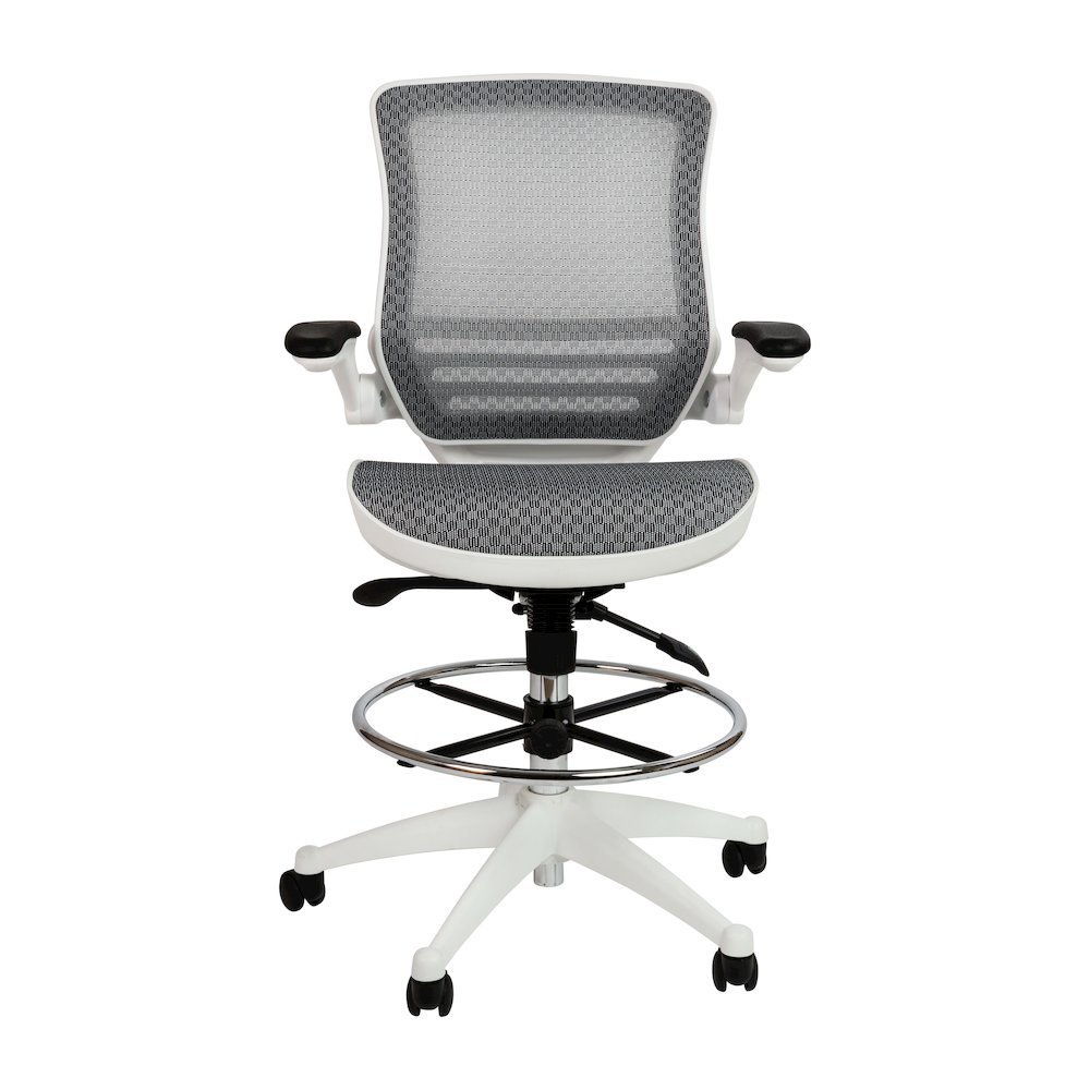 Mid-Back Transparent Gray Mesh Drafting Chair with White Frame and Flip-Up Arms. Picture 10