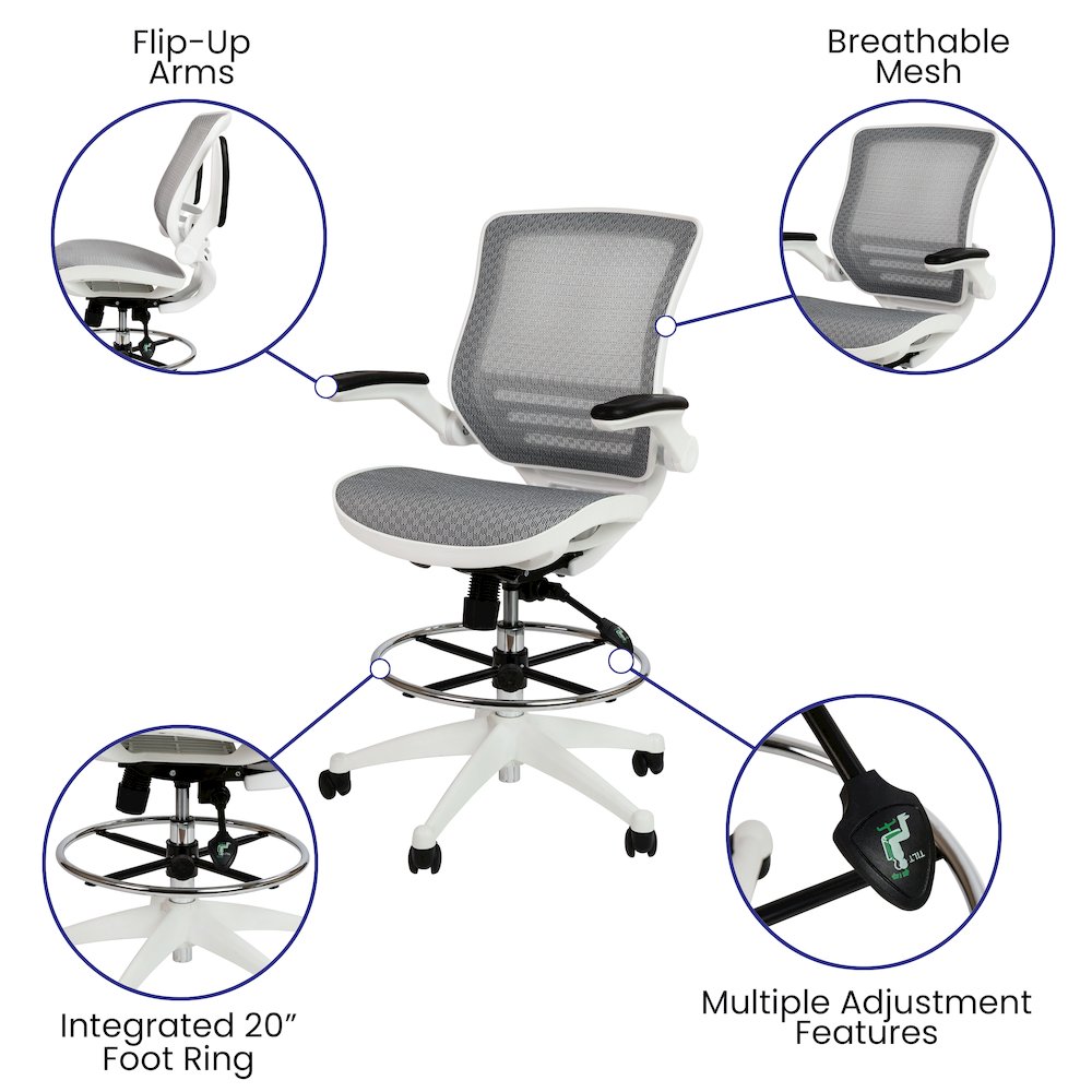 Mid-Back Transparent Gray Mesh Drafting Chair with White Frame and Flip-Up Arms. Picture 5