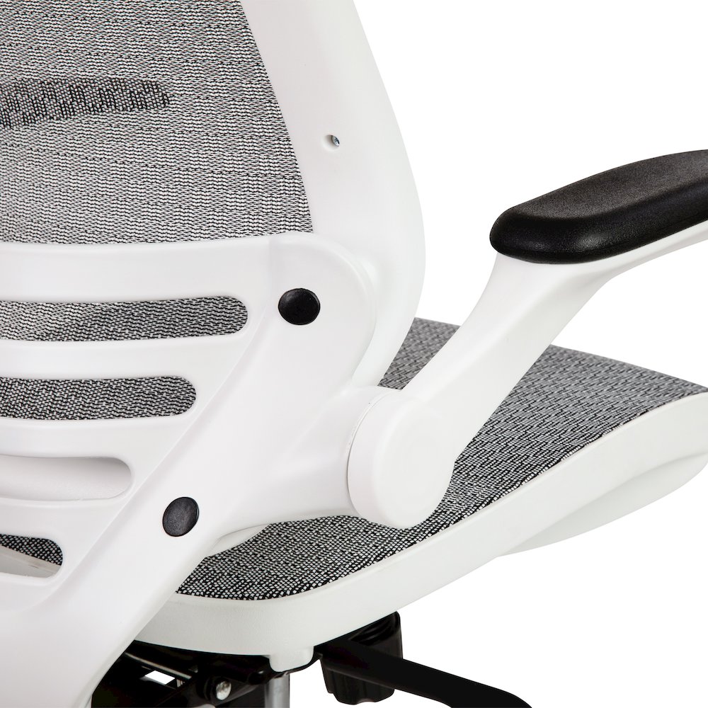 Mid-Back Transparent Gray Mesh Drafting Chair with White Frame and Flip-Up Arms. Picture 13