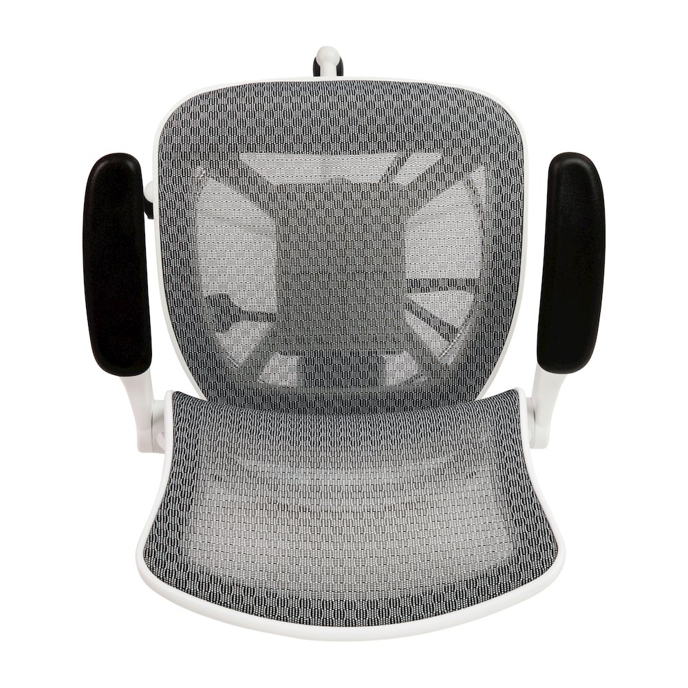 Mid-Back Transparent Gray Mesh Drafting Chair with White Frame and Flip-Up Arms. Picture 11
