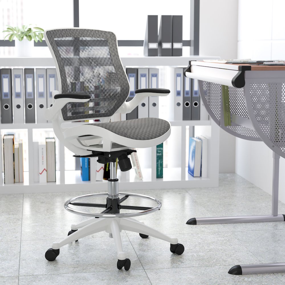 Mid-Back Transparent Gray Mesh Drafting Chair with White Frame and Flip-Up Arms. Picture 2