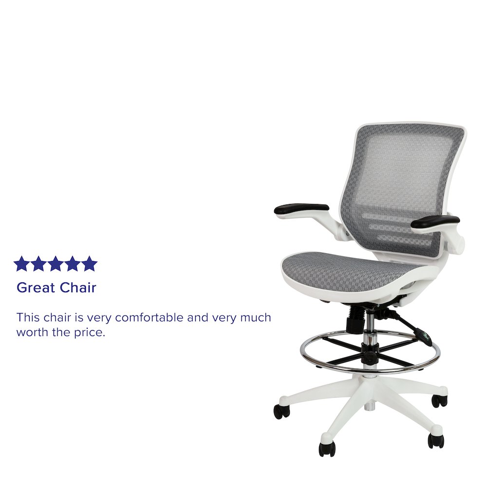 Mid-Back Transparent Gray Mesh Drafting Chair with White Frame and Flip-Up Arms. Picture 4