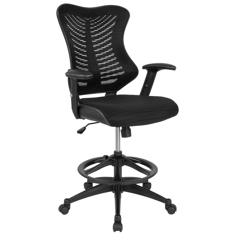 High Back Designer Black Mesh Drafting Chair with Sides and Adjustable Arms. Picture 1