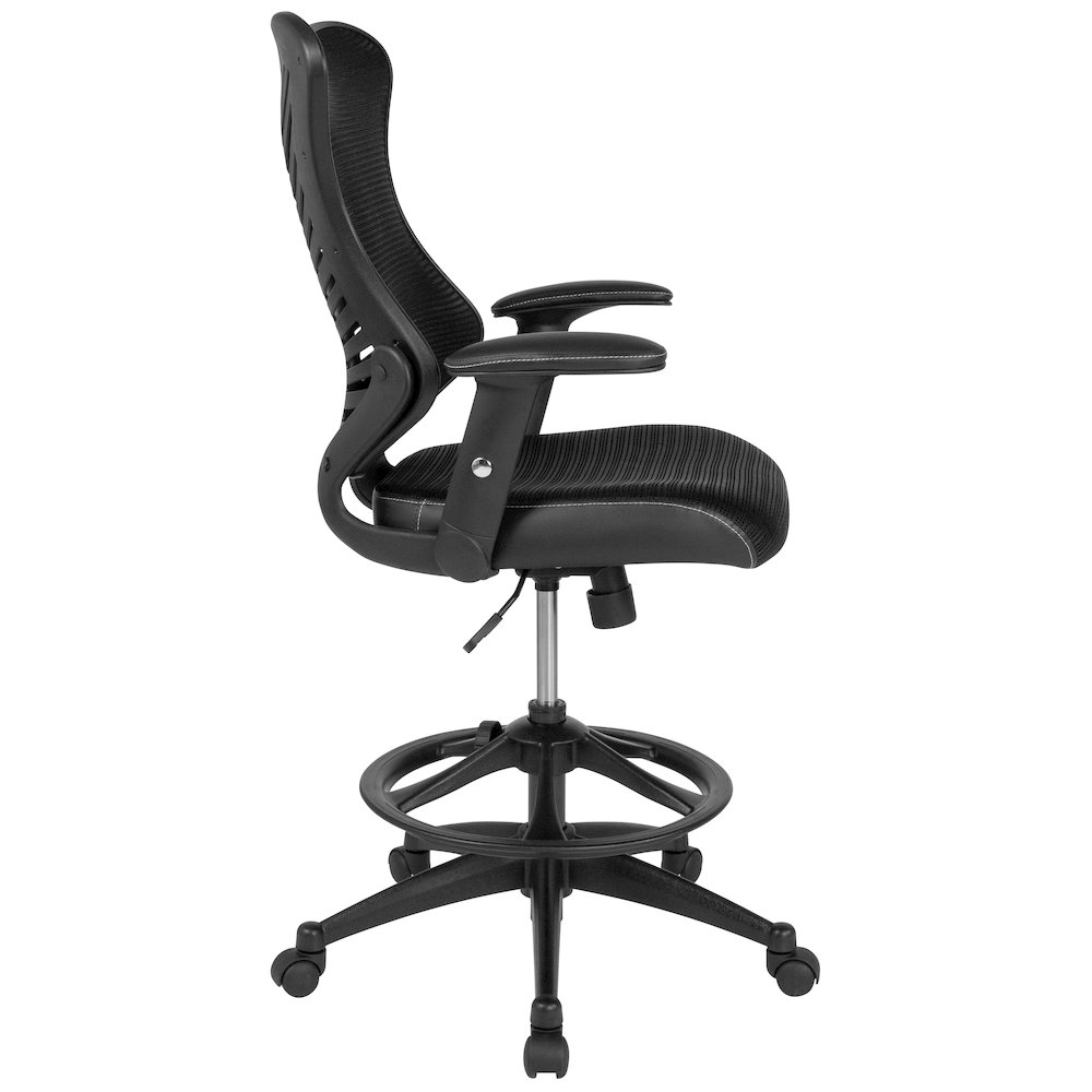 High Back Designer Black Mesh Drafting Chair with Sides and Adjustable Arms. Picture 8