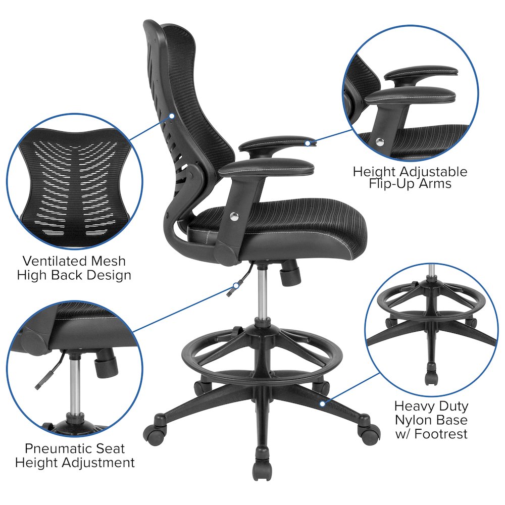 High Back Designer Black Mesh Drafting Chair with Sides and Adjustable Arms. Picture 4