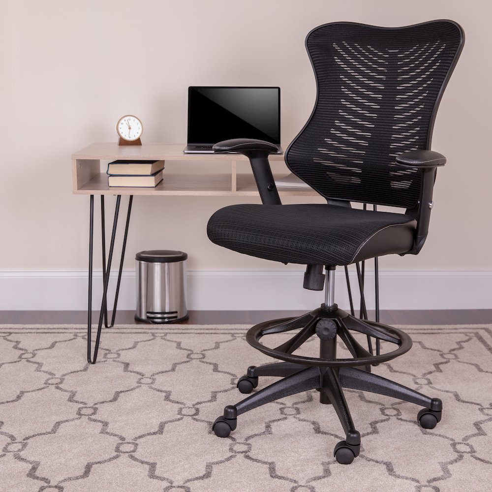 High Back Designer Black Mesh Drafting Chair with Sides and Adjustable Arms. Picture 2