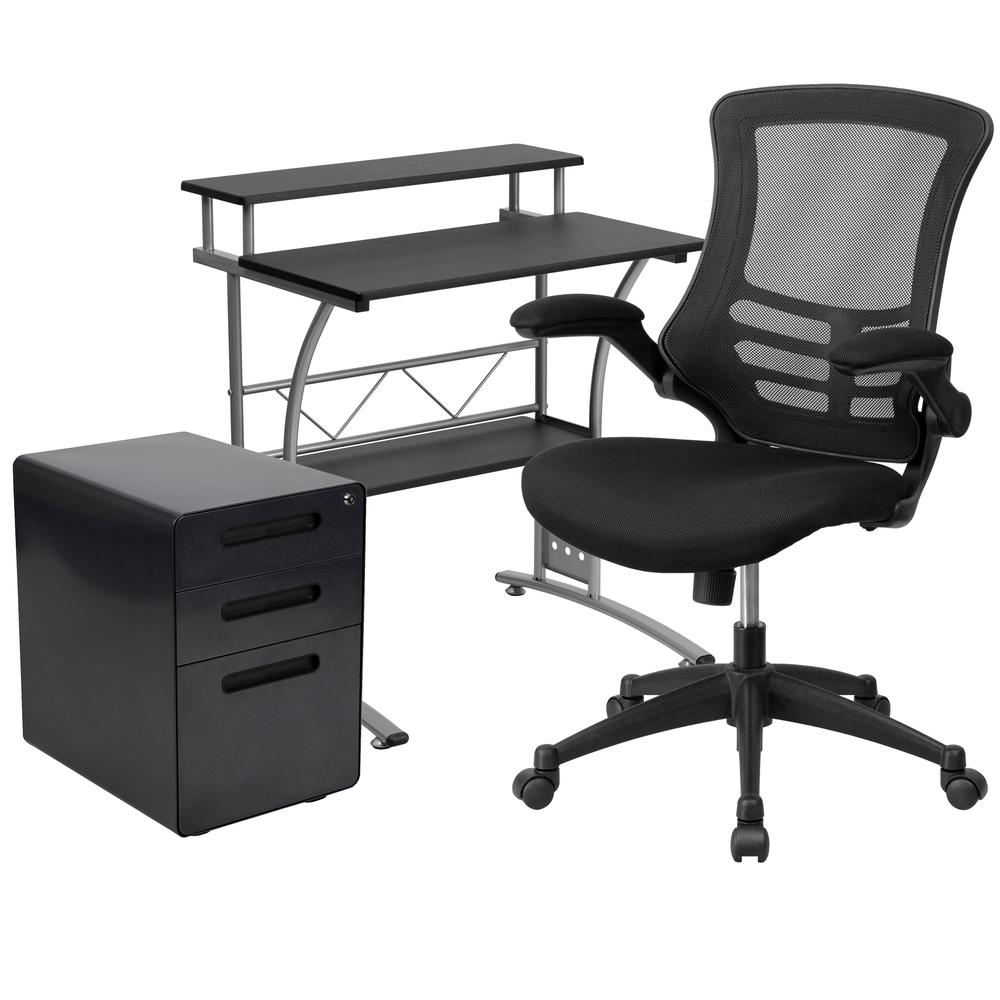 Work From Home Kit - Black Computer Desk, Ergonomic Mesh Office Chair and Locking Mobile Filing Cabinet with Inset Handles. Picture 1