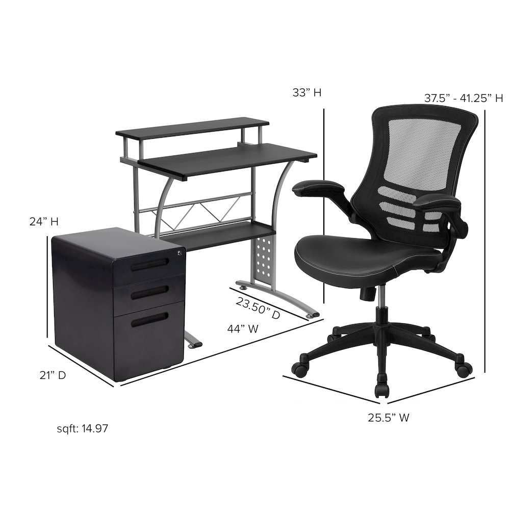 Work From Home Kit - Black Computer Desk, Ergonomic Mesh/LeatherSoft Office Chair and Locking Mobile Filing Cabinet. Picture 2