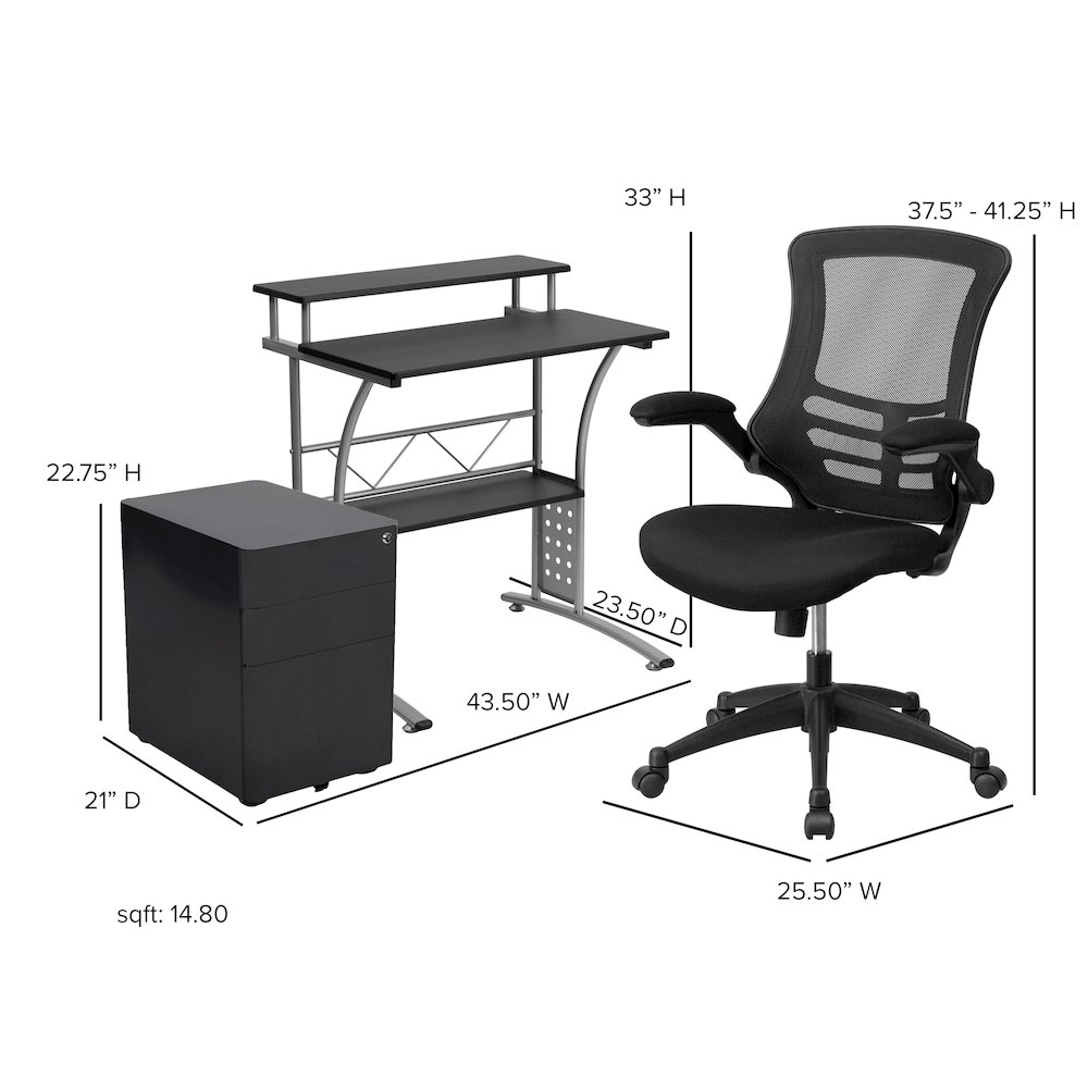 Work From Home Kit - Black Computer Desk, Ergonomic Mesh Office Chair and Locking Mobile Filing Cabinet with Side Handles. Picture 2