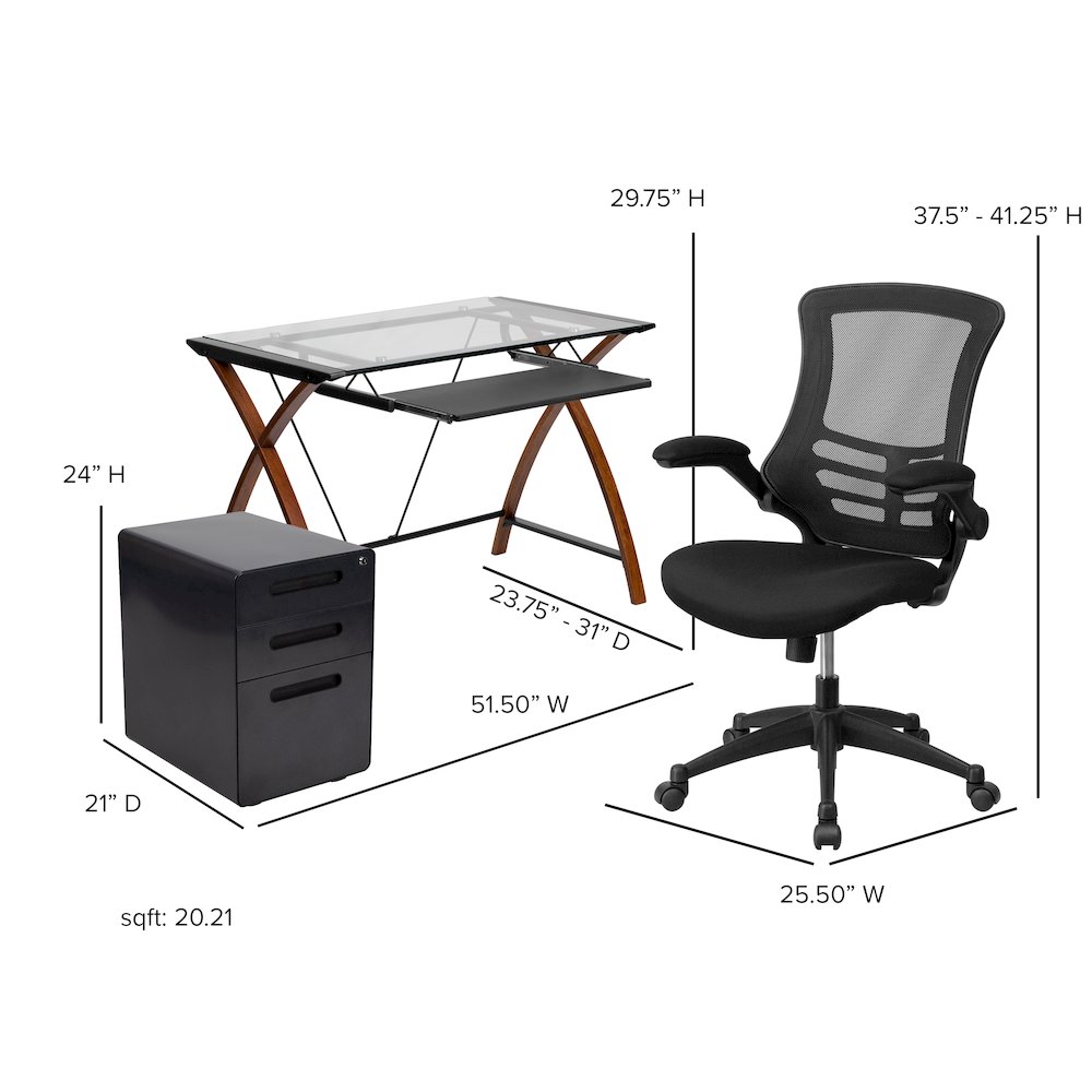 Work From Home Kit - Glass Desk with Keyboard Tray, Ergonomic Mesh Office Chair and Filing Cabinet with Lock & Inset Handles. Picture 2