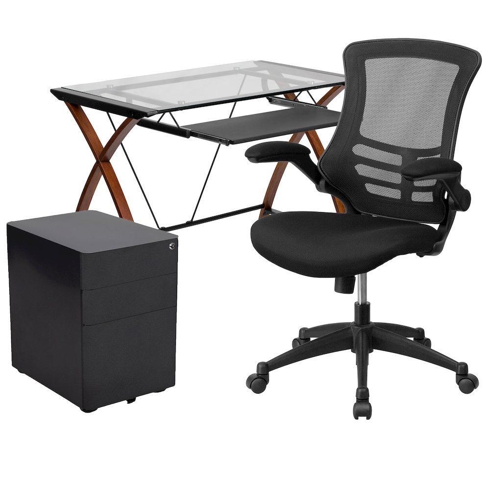 Glass Desk with Keyboard Tray, Mesh Office Chair and Filing Cabinet. Picture 1