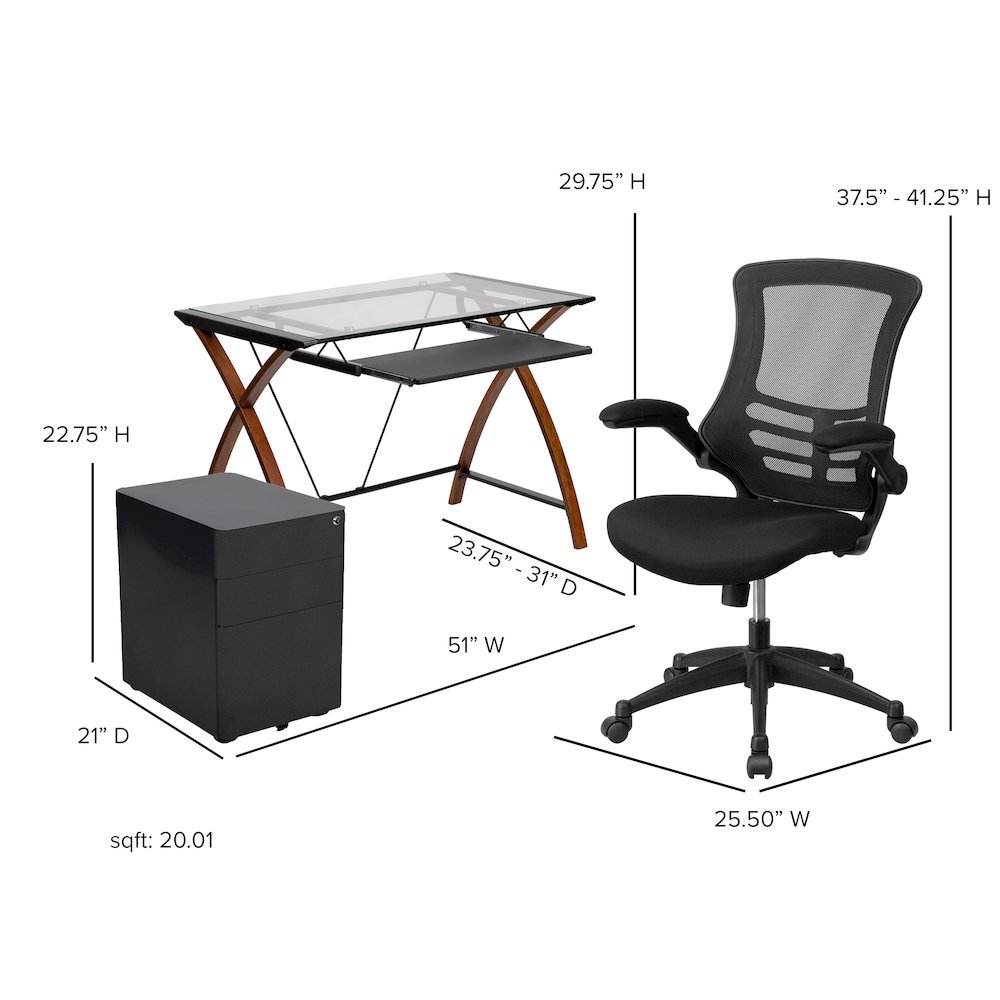 Glass Desk with Keyboard Tray, Mesh Office Chair and Filing Cabinet. Picture 7