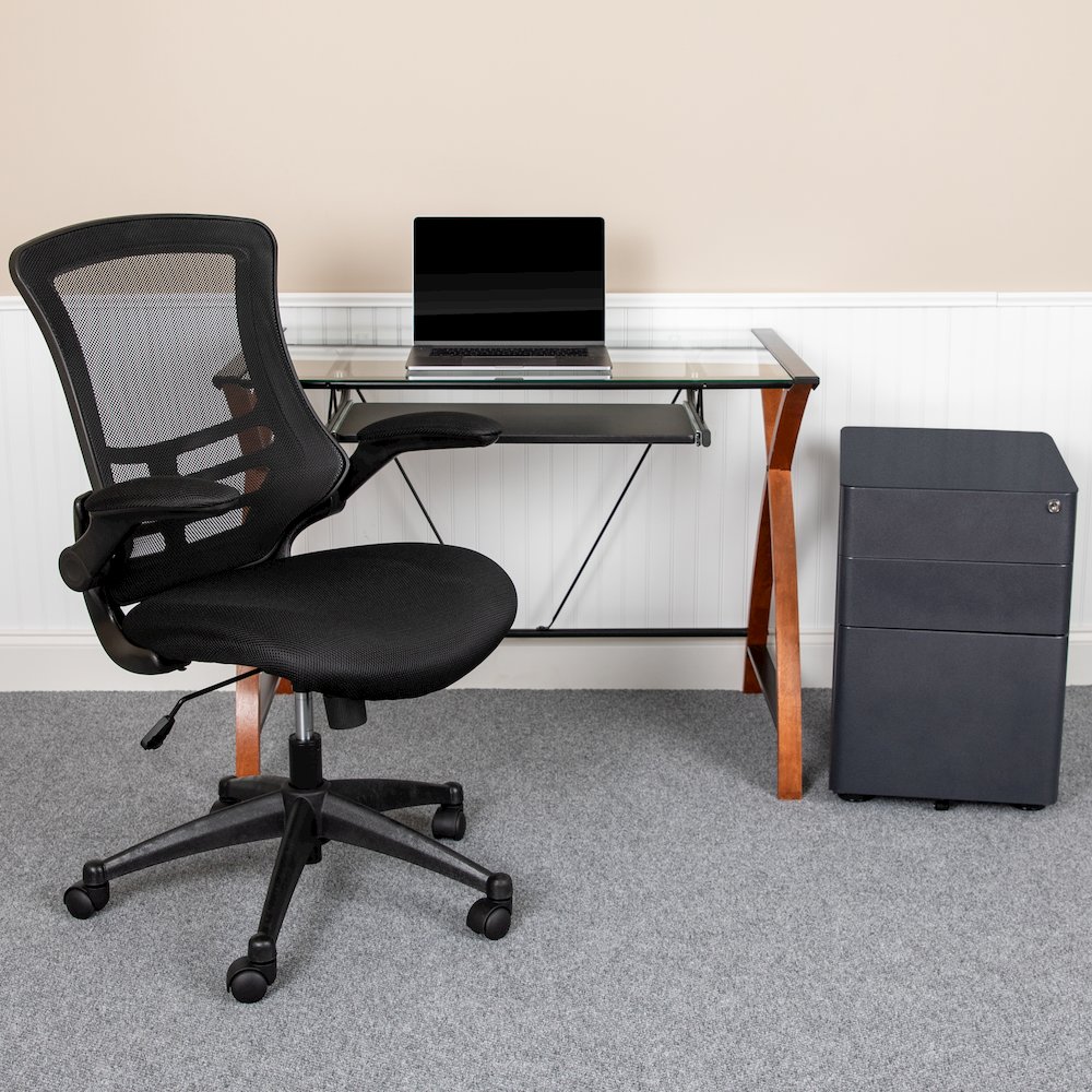 Glass Desk with Keyboard Tray, Mesh Office Chair and Filing Cabinet. Picture 2