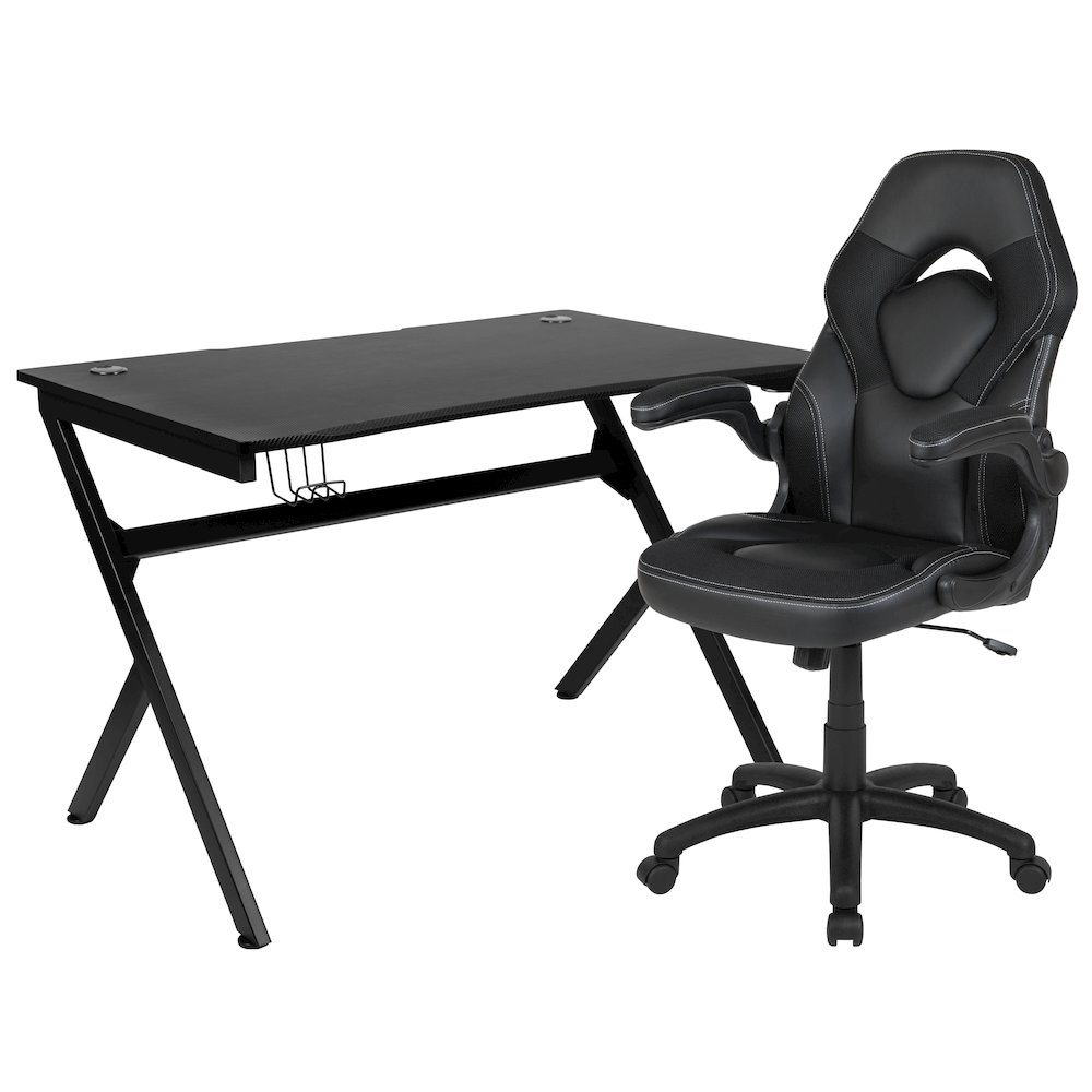 Black Gaming Desk and Black Racing Chair Set. Picture 1