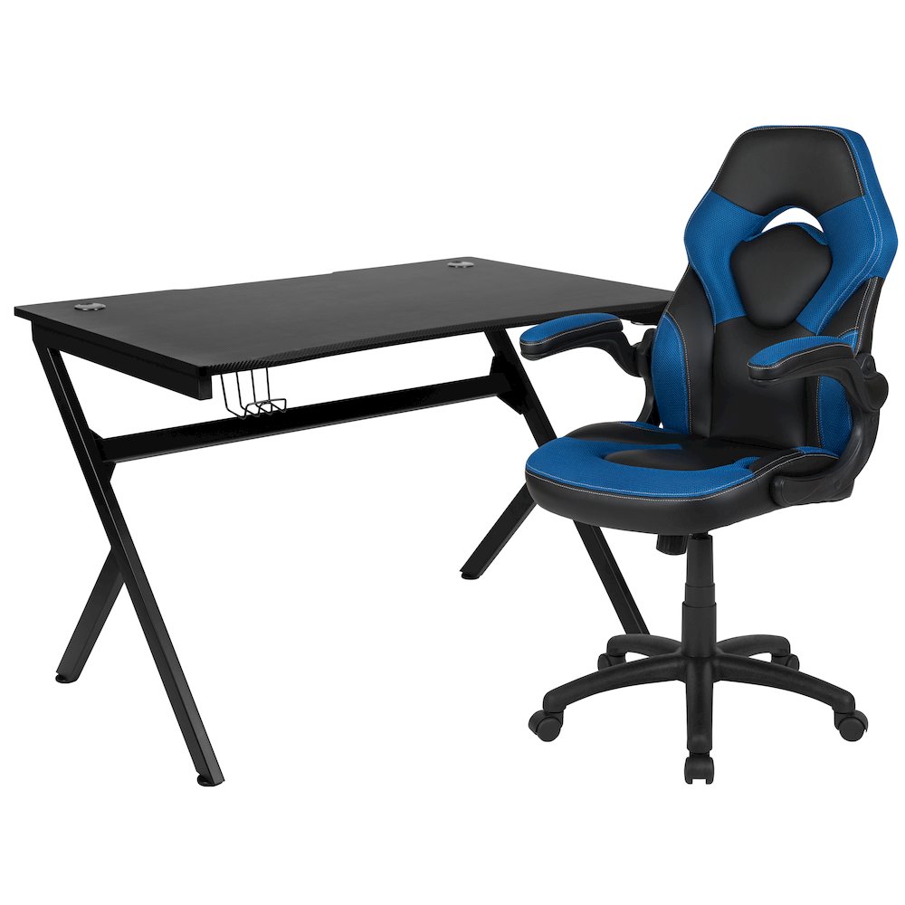 Black Gaming Desk and Blue and Black Racing Chair Set. Picture 1