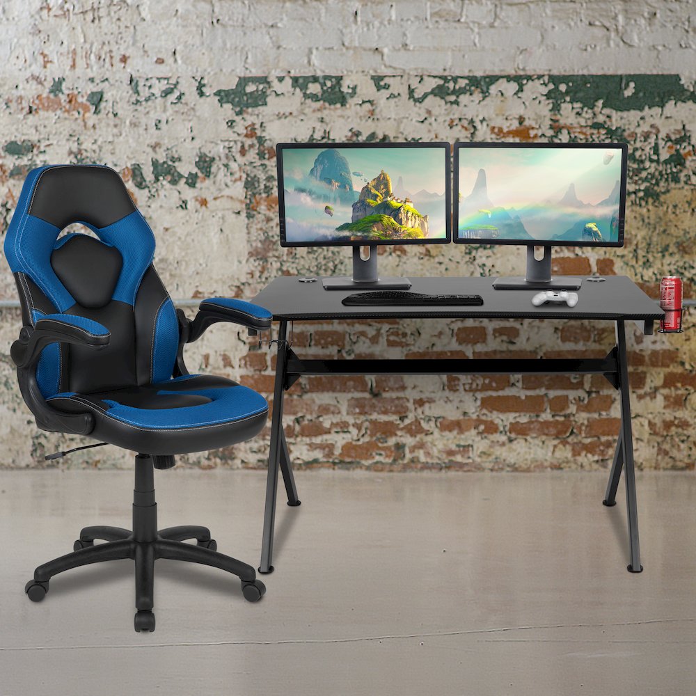 Black Gaming Desk and Blue and Black Racing Chair Set. Picture 2