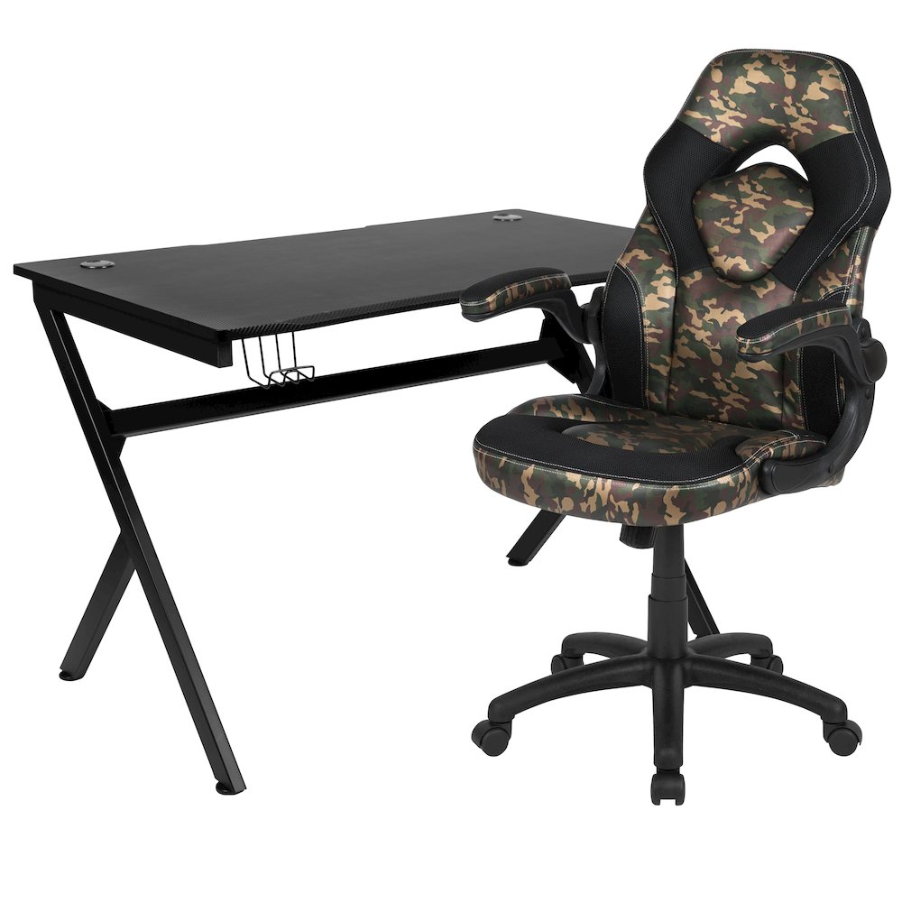 Black Gaming Desk and Camouflage/Black Racing Chair Set. Picture 1