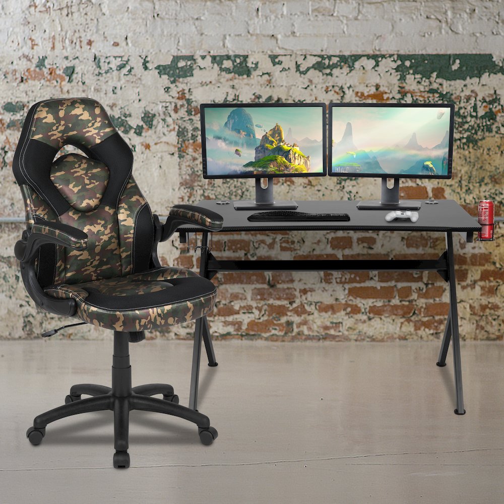 Black Gaming Desk and Camouflage/Black Racing Chair Set. Picture 2