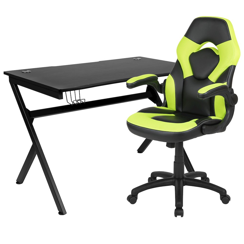 Black Gaming Desk and Green/Black Racing Chair Set. Picture 1