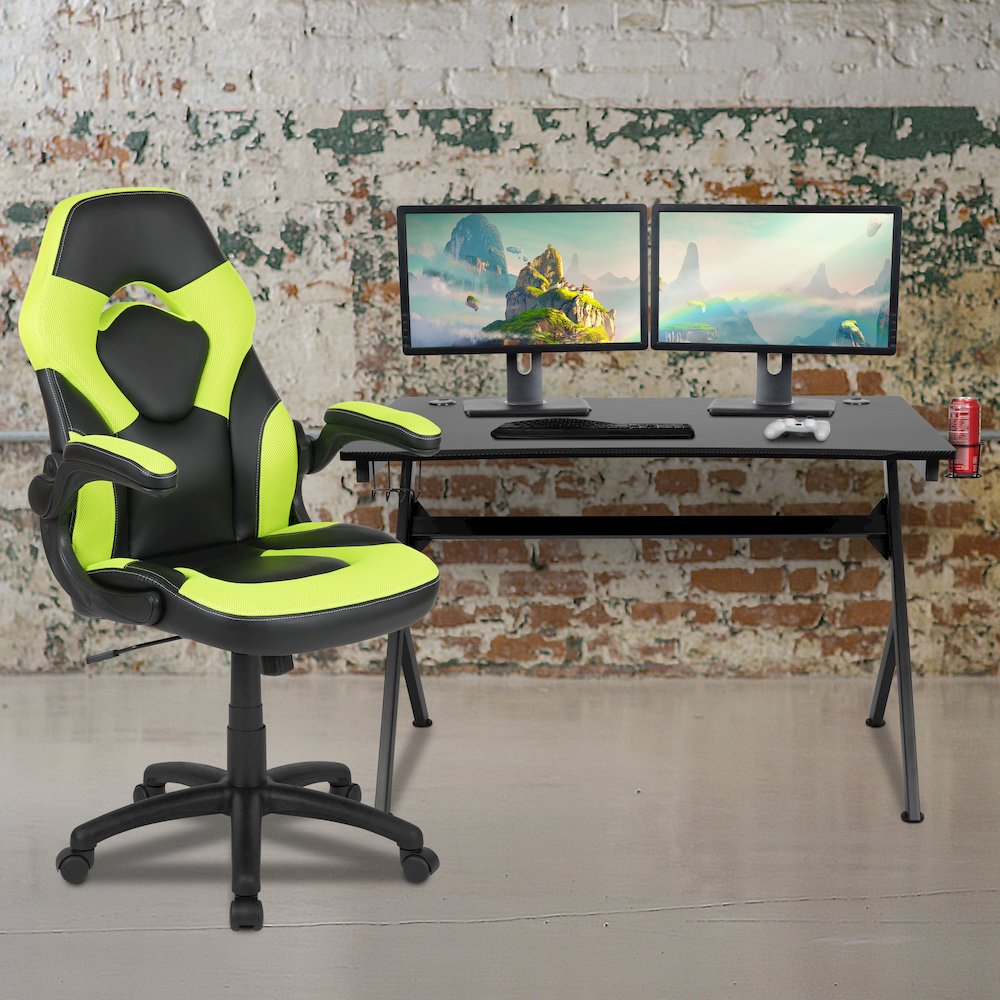 Black Gaming Desk and Green/Black Racing Chair Set. Picture 2