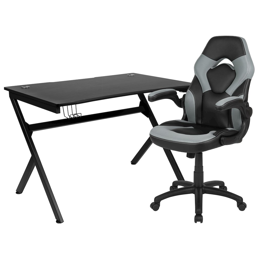 Black Gaming Desk and Gray/Black Racing Chair Set. Picture 1