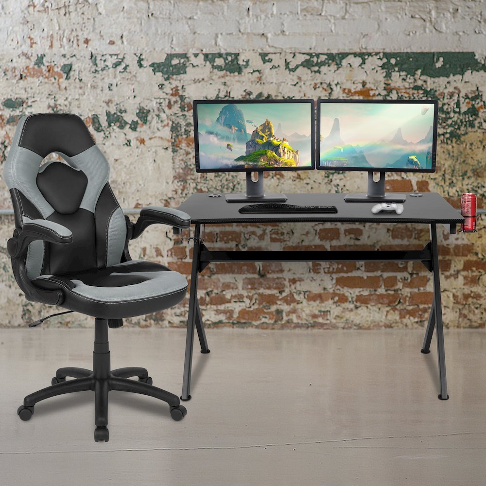 Black Gaming Desk and Gray/Black Racing Chair Set. Picture 2