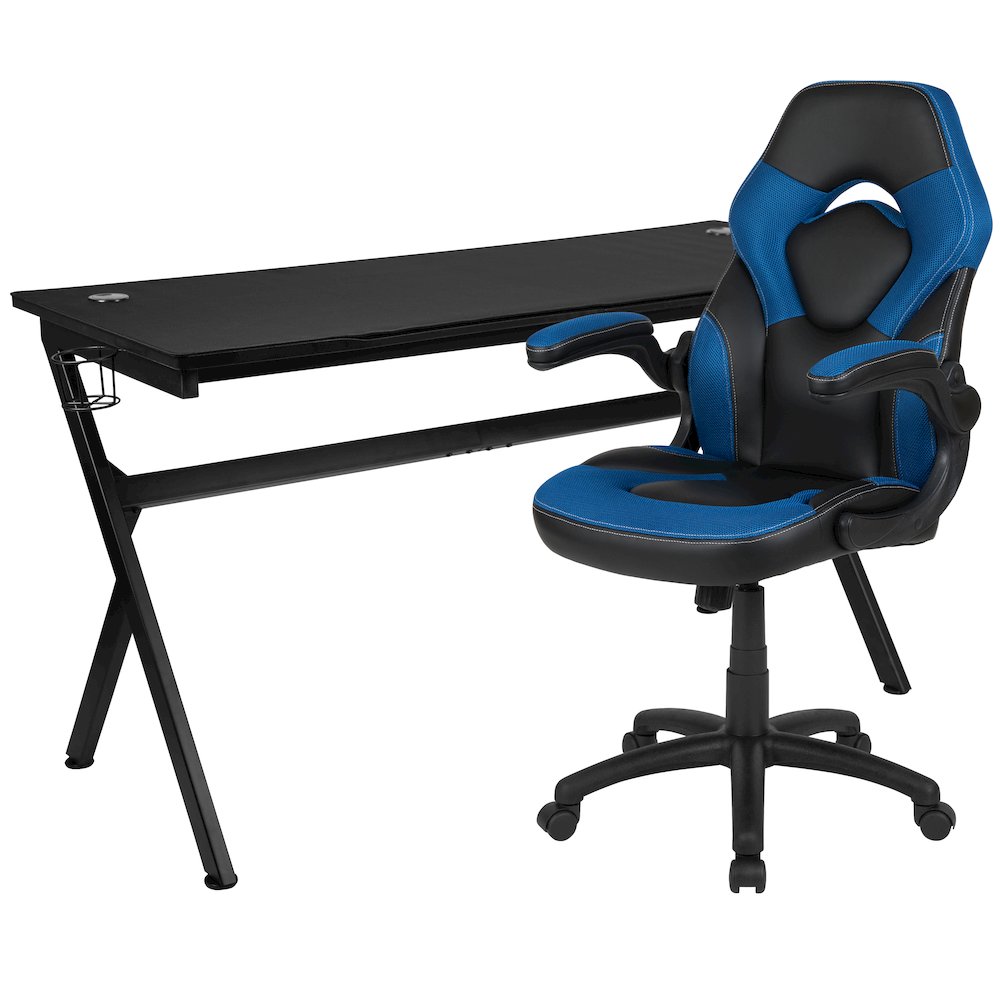 Gaming Desk and Blue/Black Racing Chair Set. Picture 1