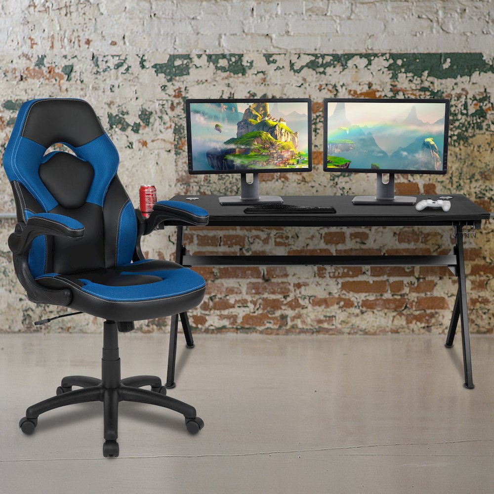 Gaming Desk and Blue/Black Racing Chair Set. Picture 2