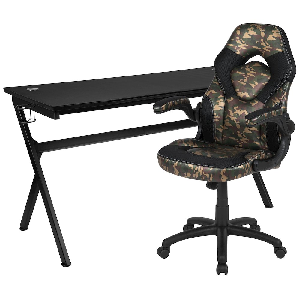 Gaming Desk and Camouflage/Black Racing Chair Set. Picture 1
