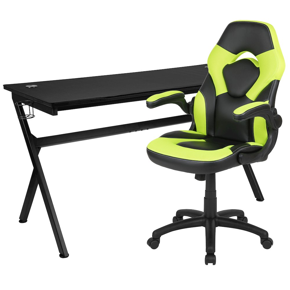 Gaming Desk and Green/Black Racing Chair Set. Picture 1